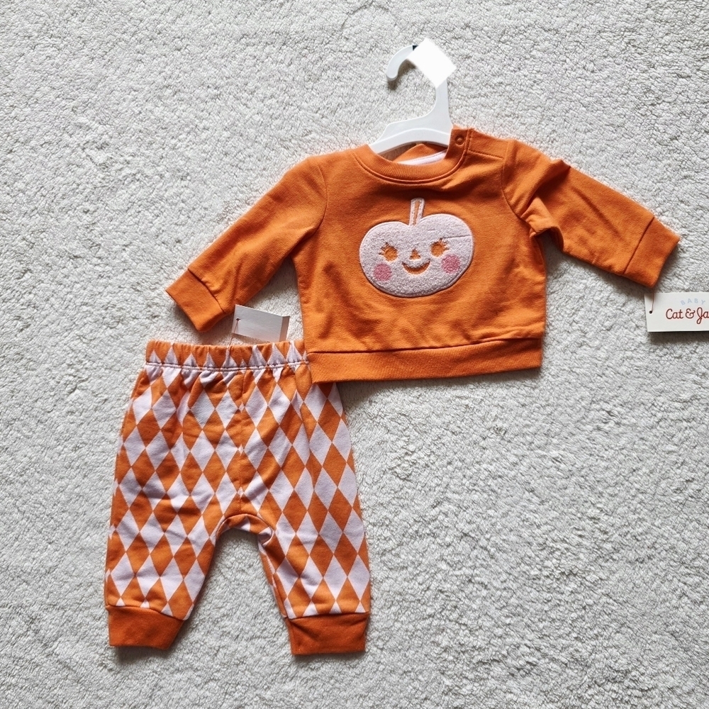 Baby boy/ girl 0 3 6 12m orange Halloween Pumpkin Top & Pants Set Cat & Jack NWT